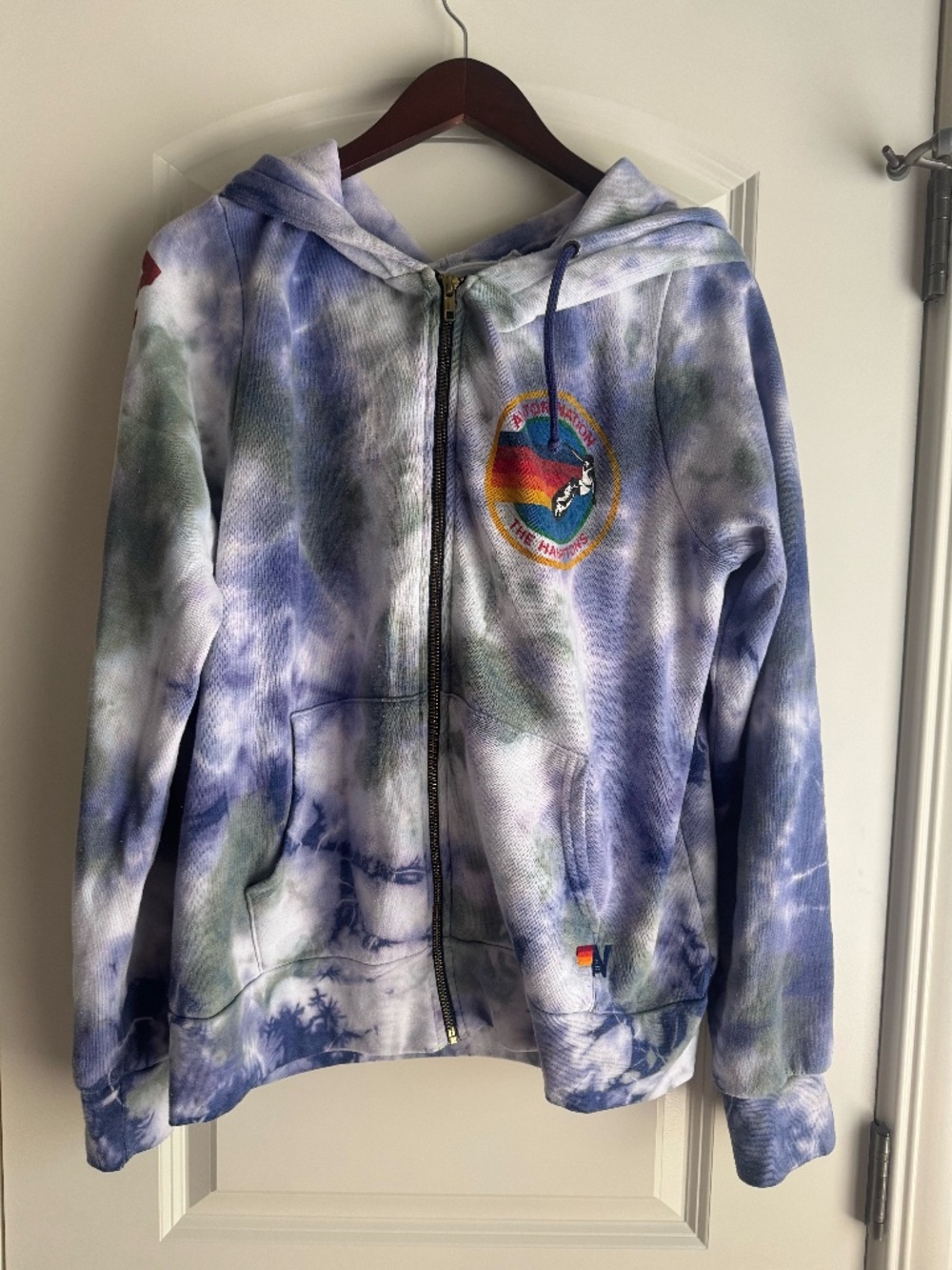 Aviator Nation Blue White Green Tie-Dye Zip Hoodie with Rainbow Patch Hamptons L